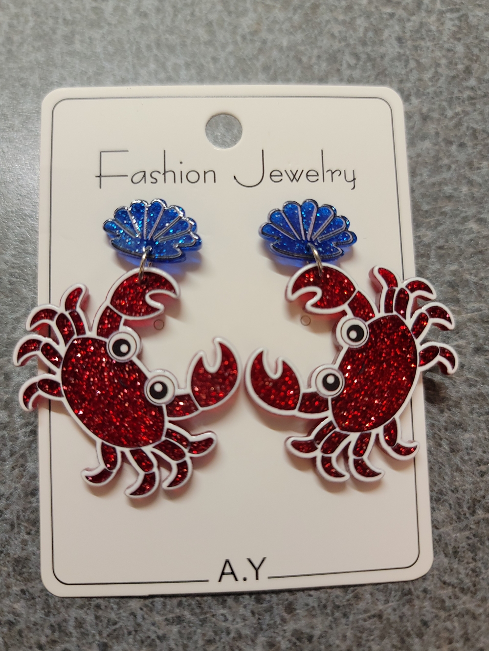 Fashion Jewelry Red Glitter Crab Earrings with Blue Shell Studs